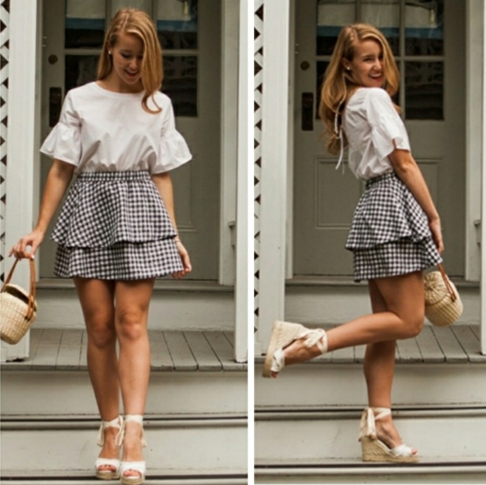 Madewell Gingham Blue & White Tiered Skirt Size S